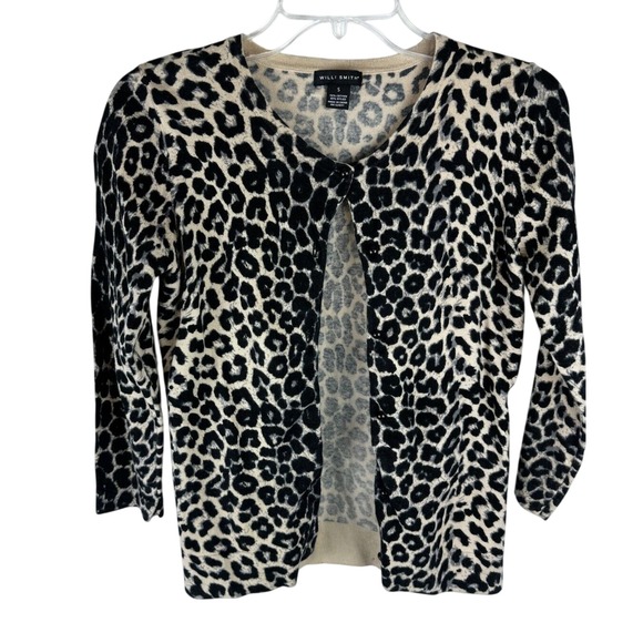 Willi Smith Leopard Print Cardigan Sweater Button Front Knit Beige Black S 57-20 - Picture 1 of 12